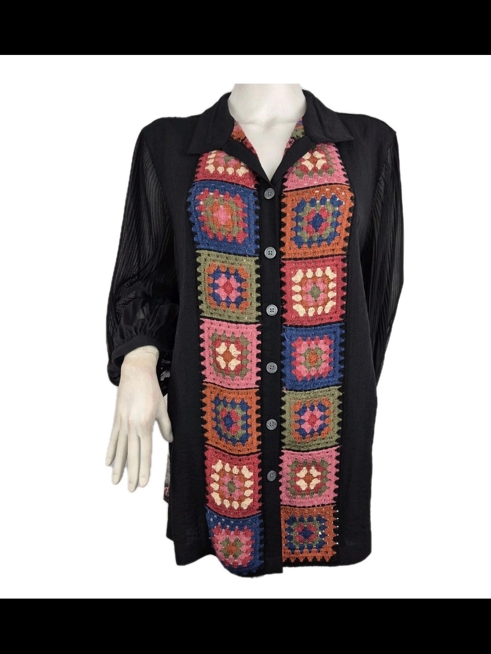 John Mark Women's Size PXL Crochet Button Up Shirt Tunic Black Long Sleeve 25 - Picture 14 of 14